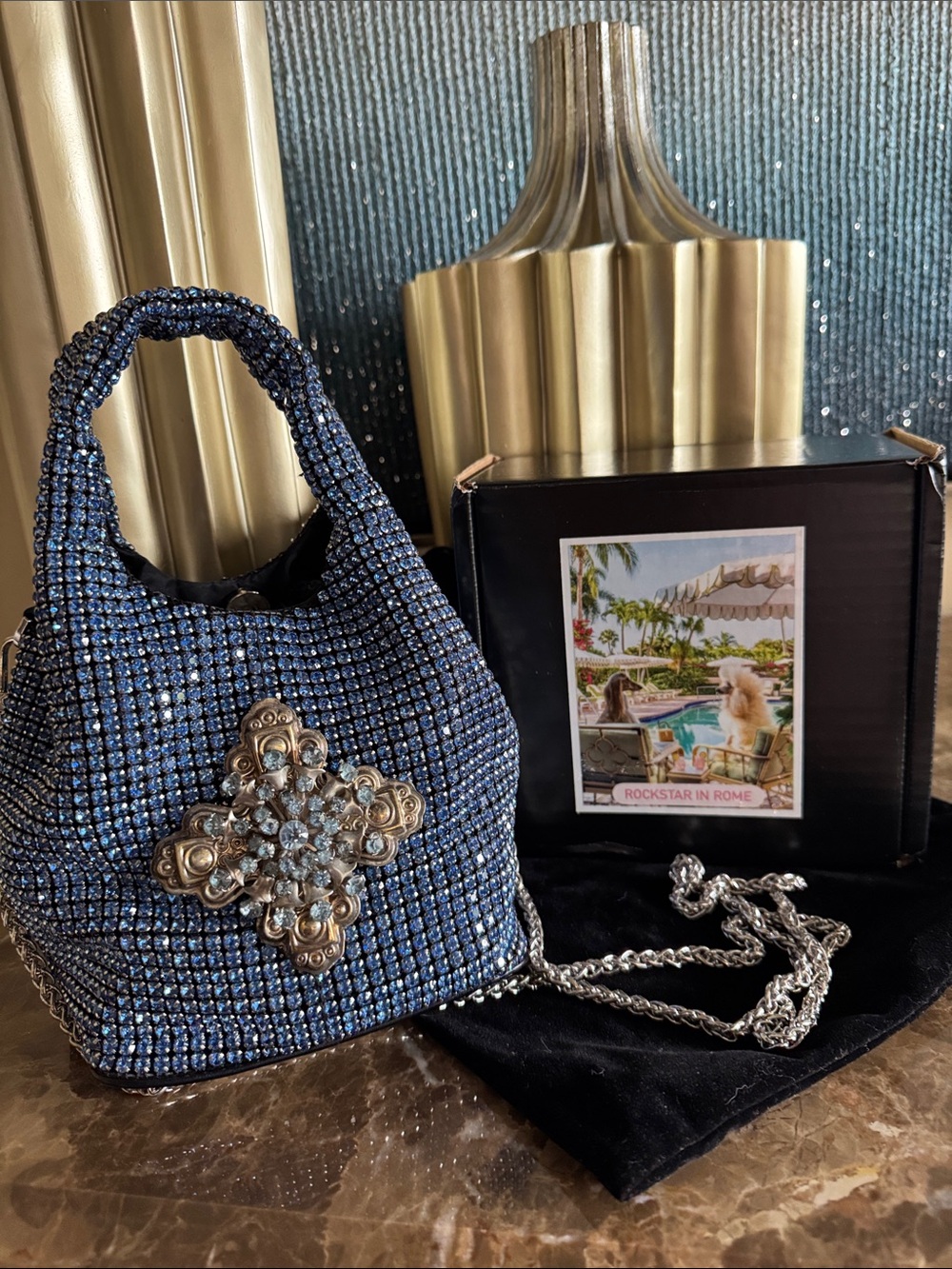 Rockstar in Rome Blue Beaded Mini Tote Bag with Decorative Brooch